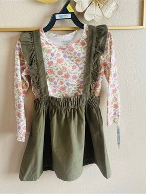 Carter's Olive Pinafore with Floral Long Sleeve Top